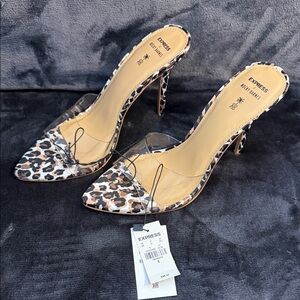Express Leopard Print Pointed Toe Heels with Clear Strap - Brown/Black